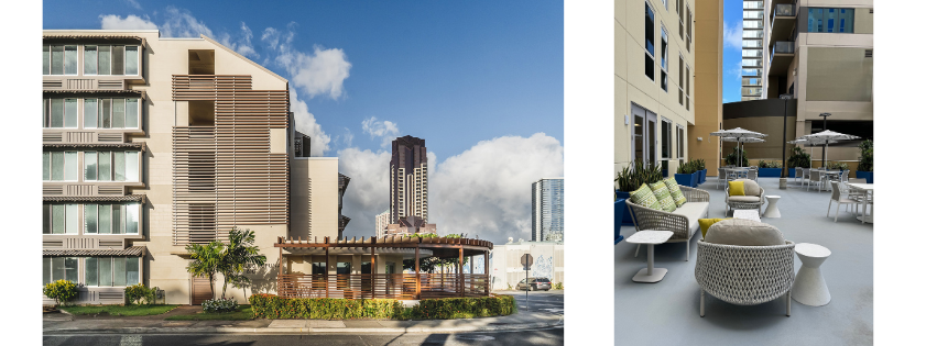 Na Lei Hulu Kupuna (left), Kokua Tower (right)