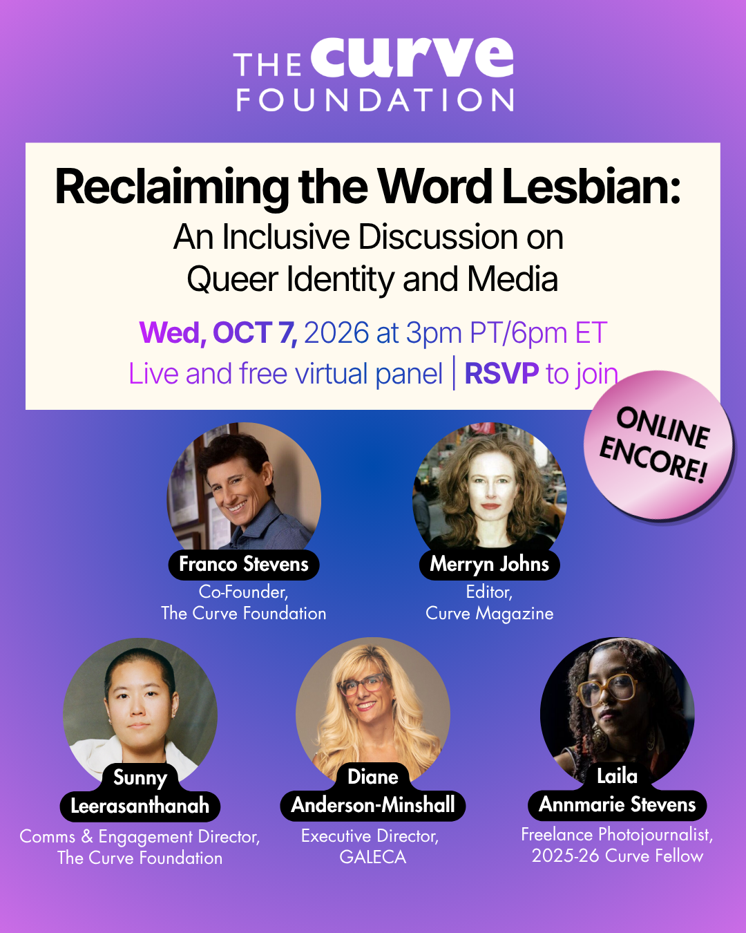 Poster of the event, showing headshots of the five panelists and their titles