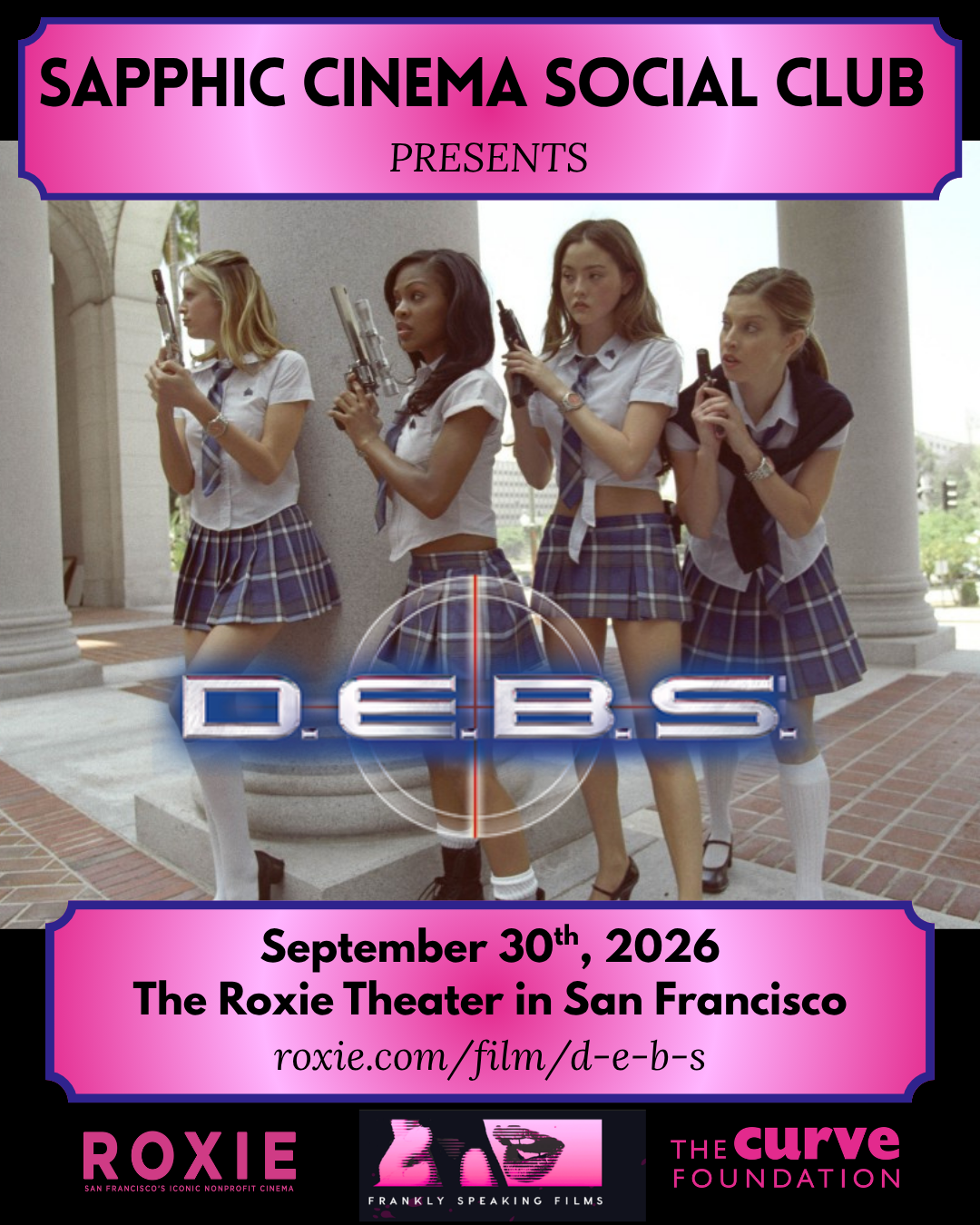 Poster for Sapphic Cinema Social Club showing a D.E.B.S. film still