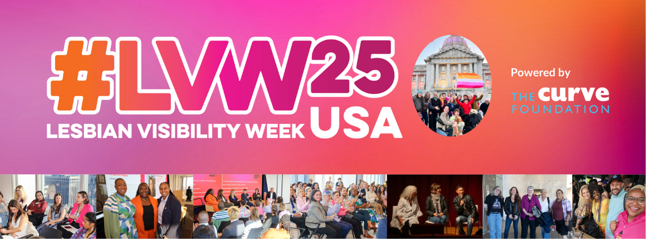 Newsletter banner with hashtag Lesbian visibility week 2025 USA, with a collage of images from the 2024 week. Accompanied by The Curve Foundation logo.