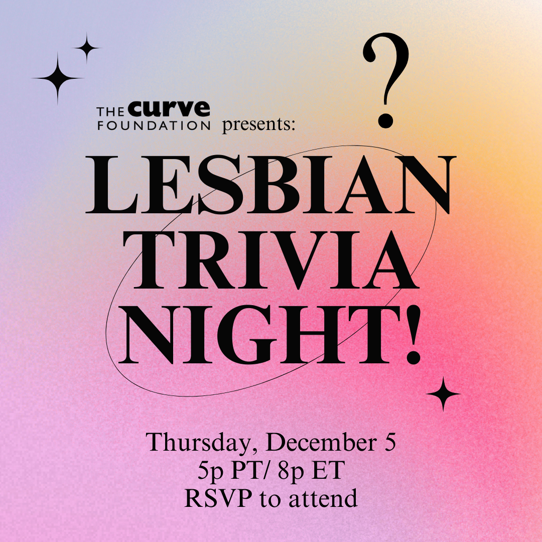 Poster for Lesbian Trivia Night, sharing event information against a pink background.