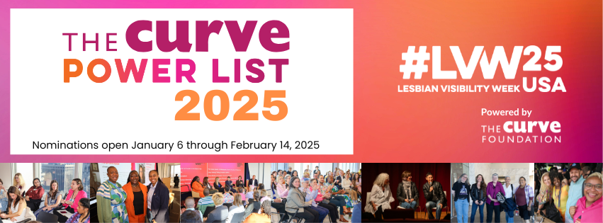 Newsletter banner with hashtag Lesbian visibility week 2025 USA, with a collage of images from the 2024 week. Accompanied by The Curve Foundation logo.