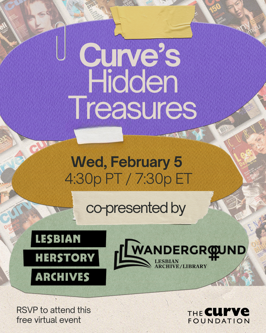 Poster for Curve's Hidden Treasures event, showing cut-out papers and a background of Curve magazines laid out.