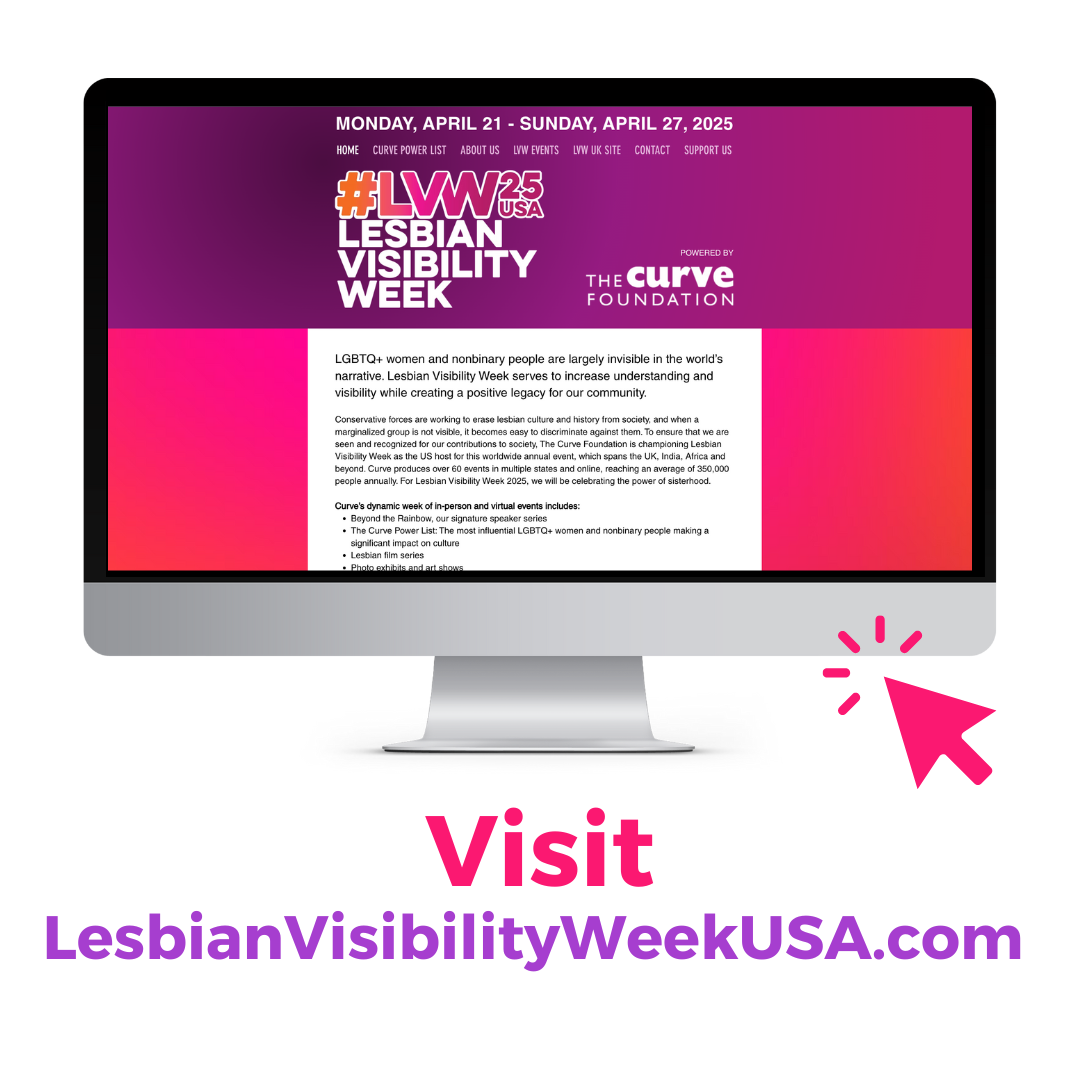 Graphic showing Lesbian Visibility Week USA's website on a computer screen.