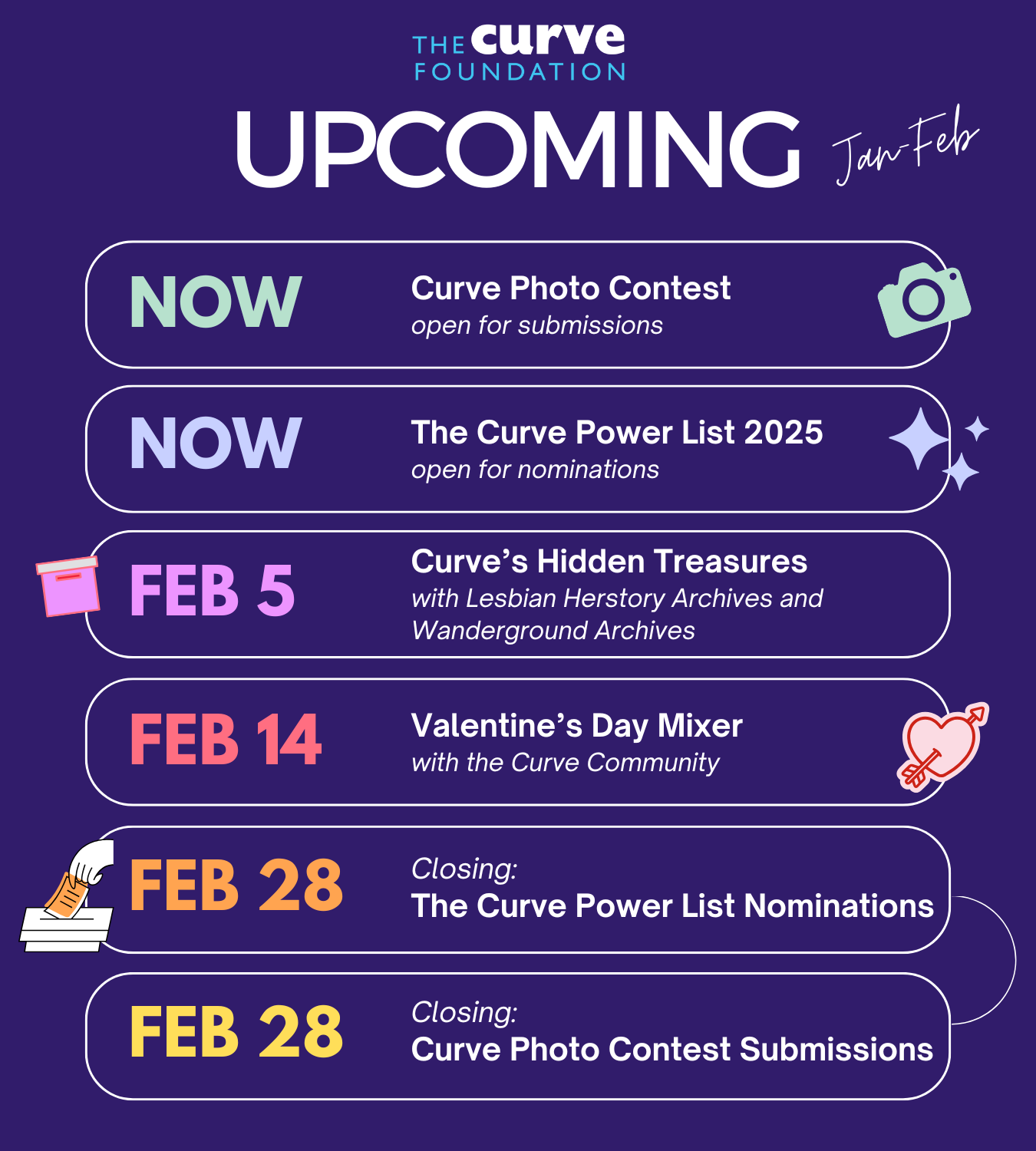 A schedule of February programs organized by The Curve Foundation.