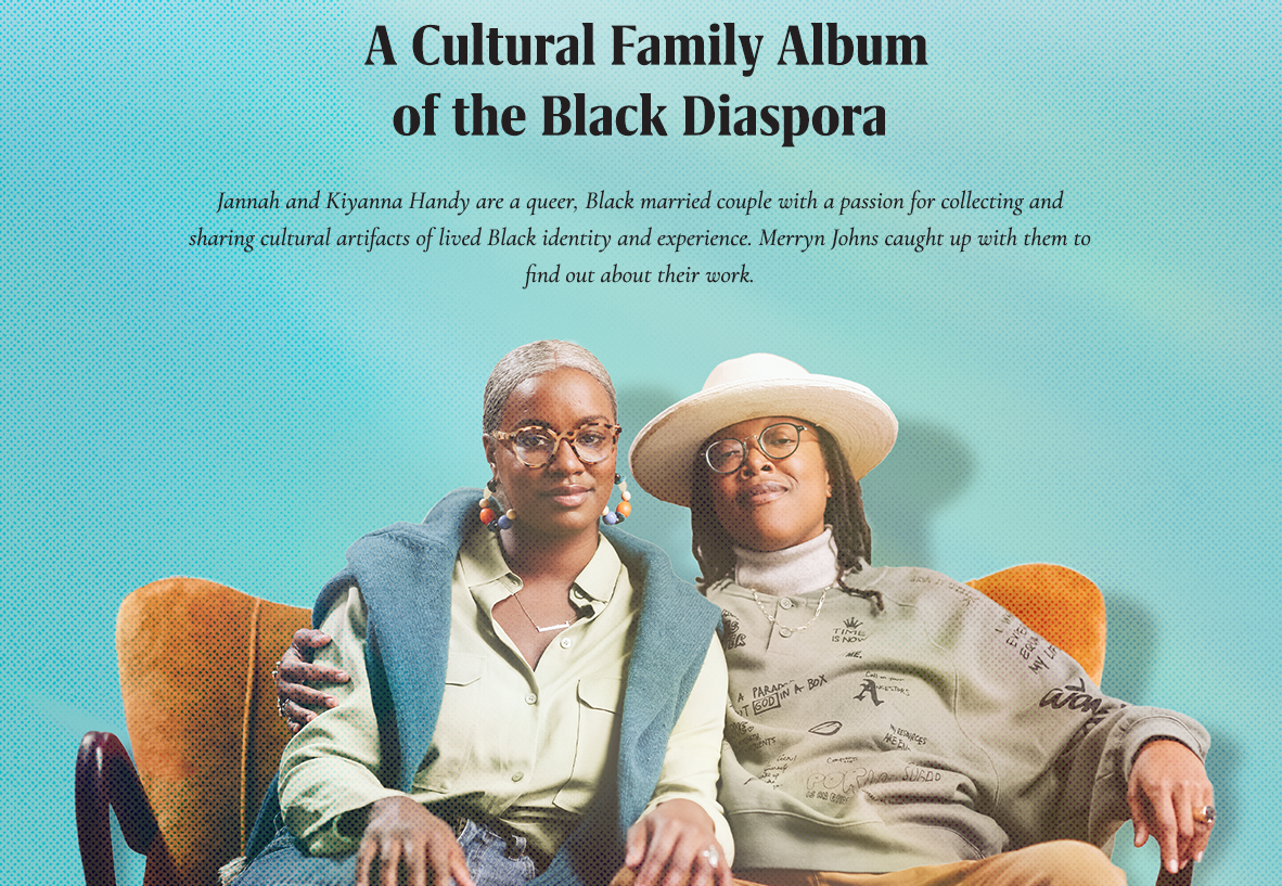 Jannah and Kiyanna Handy are sitting on a couch posing for the camera. The article title is A Cultural Family Album of the Black Diaspora