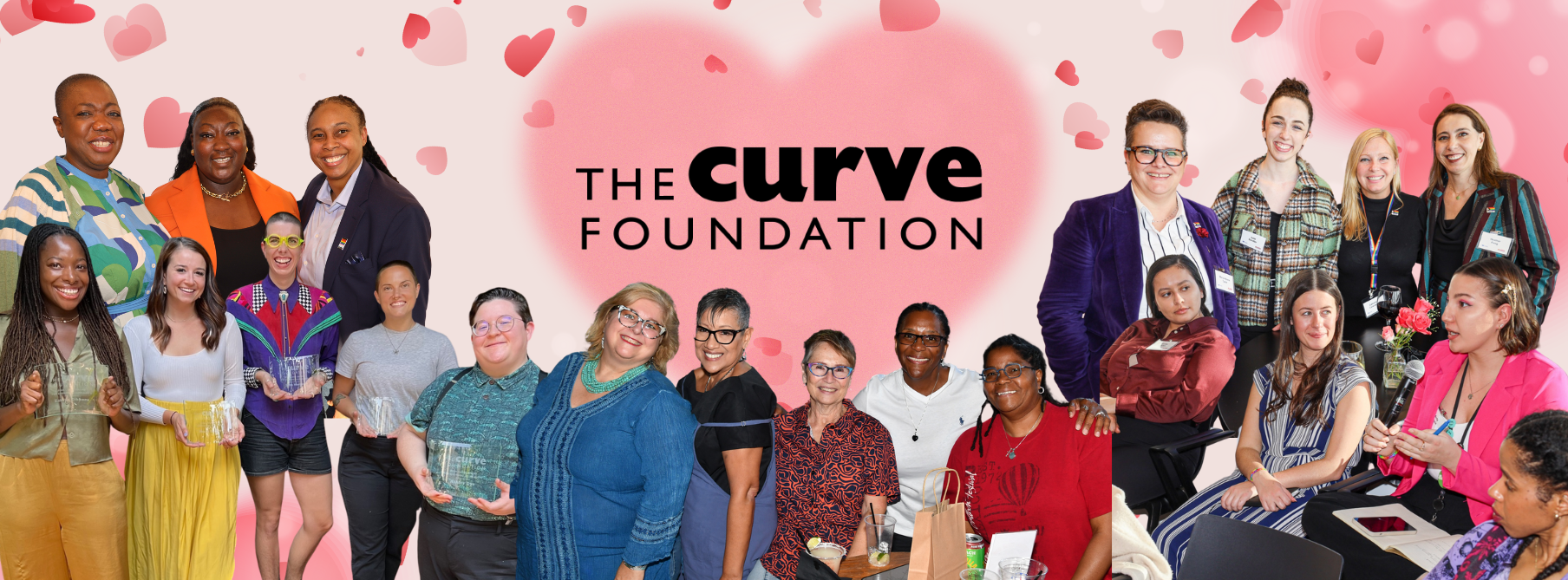 Collage of people from Curve's various programs, against a Valentine's Day themed background.