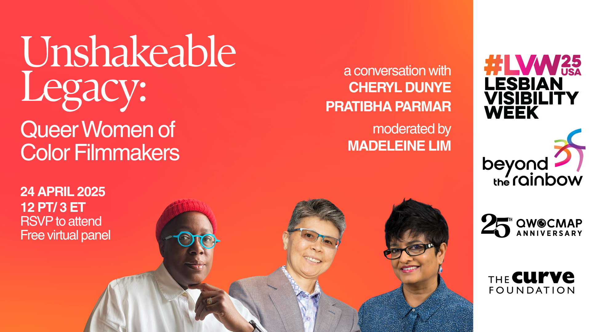 Poster of Unshakeable Legacy featuring headshots of Cheryl Dunye, Pratibha Parmar, and Madeleine Lim