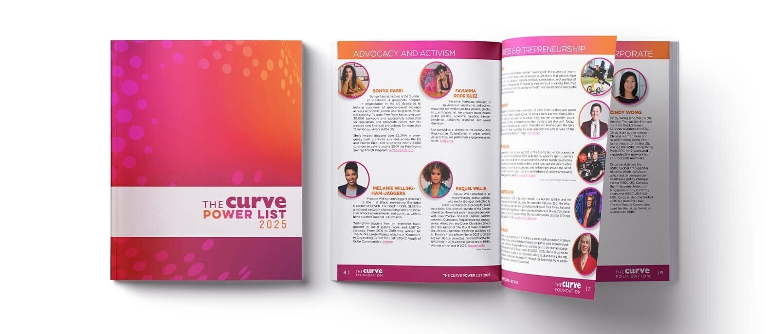 Mockup of the Power List brochure, showing a spread inside with recognized individuals and their bios.