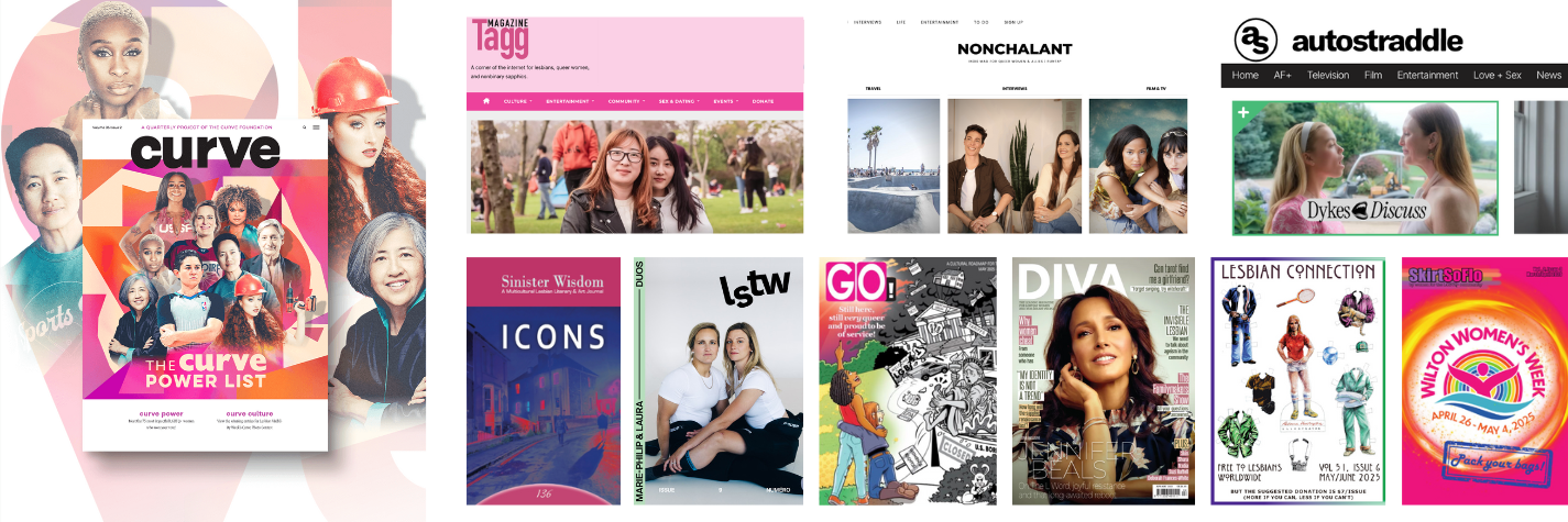 A banner displaying the print and digital covers of all the magazines in the Queer Women's Media Coalition.