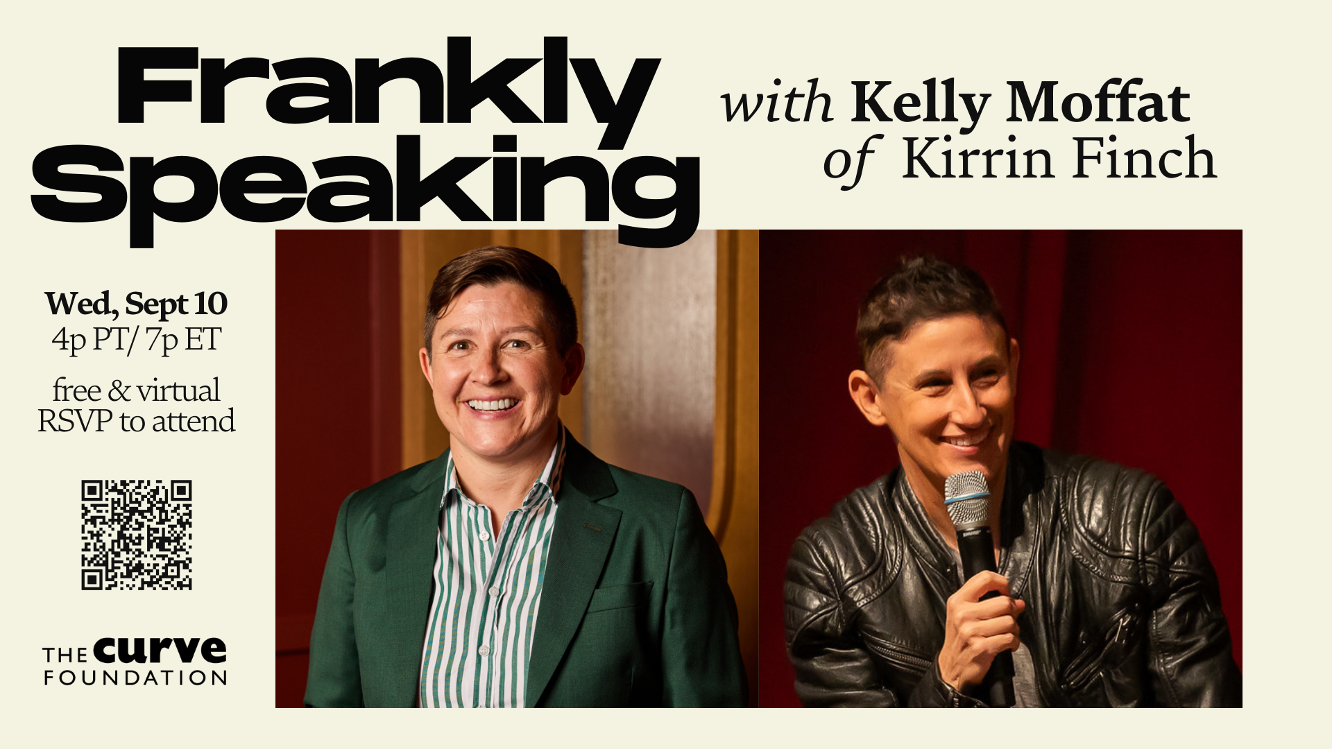 Poster for Frankly Speaking with Kelly Moffat showing Kelly's headshot and Franco Stevens' headshot.