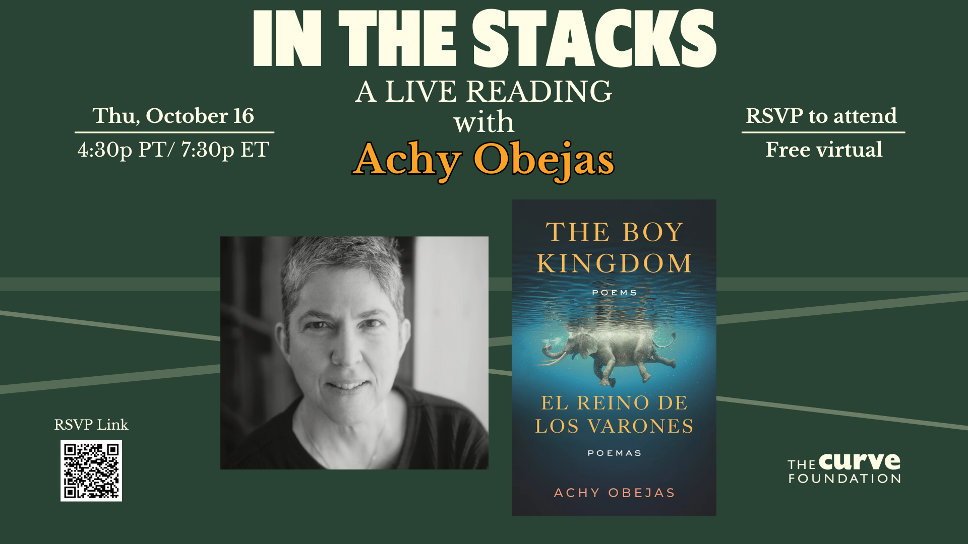 Poster for Curve's Live Book Reading event with Achy Obejas.