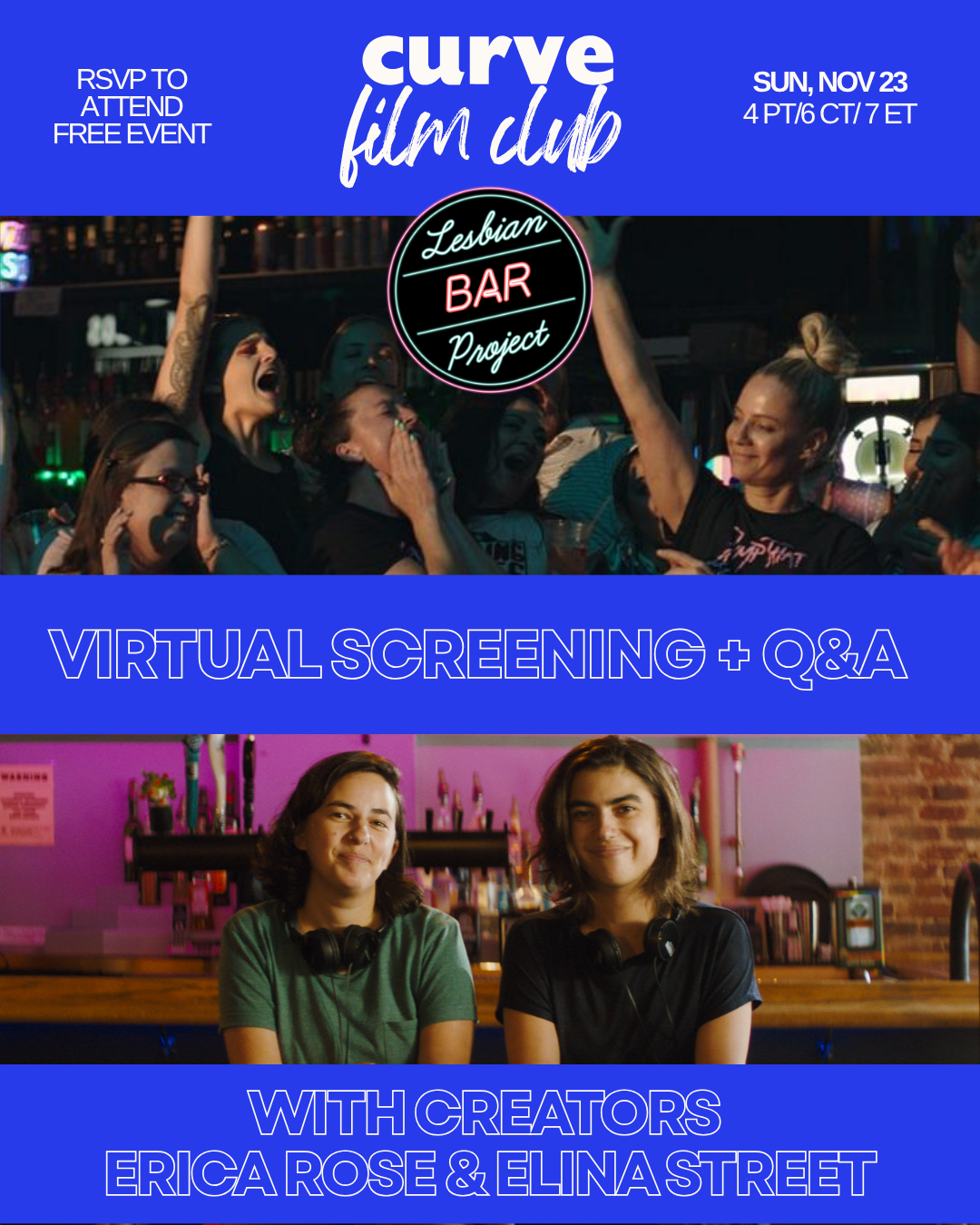 Poster for Curve Film Club Presents The Lesbian Bar Project, featuring images of the creators and a film still.