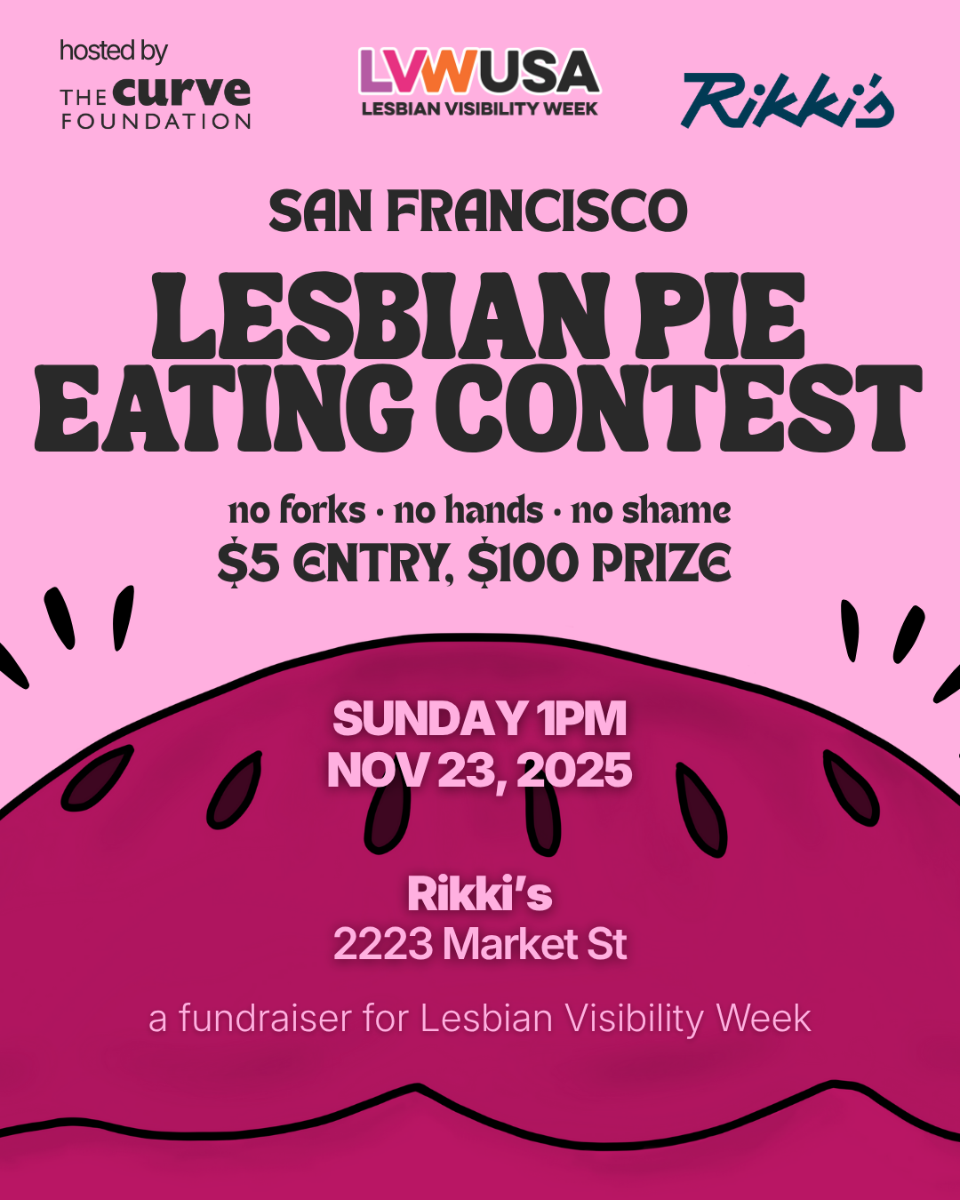 Poster for the San Francisco Lesbian Pie Eating Contest, featuring a graphic of a pie.
