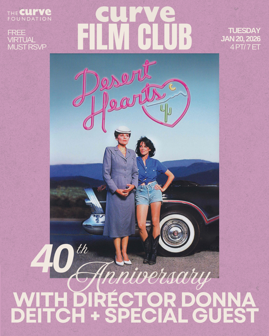 Poster for our event Curve Film Club presents Desert Hearts with Donna Deitch on January 20, 2026.