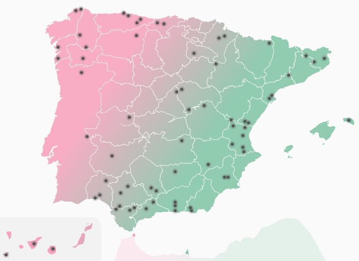Mapa de España con distintos puntos resaltados.