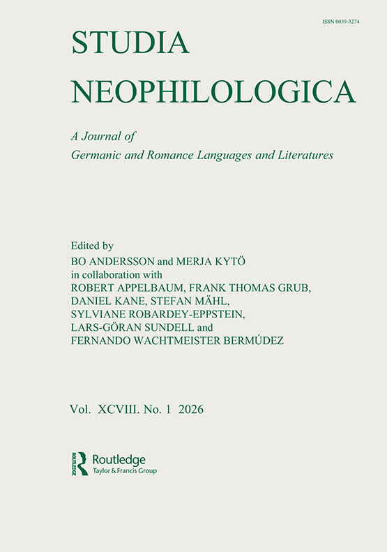 Cubierta de la revista Studia Neophilologica, vol. 98, nº1, 2026. Journal of Germanic and Romance Languages and Literatures. Edited by Bo Anderson and Merja Kytö in collaboration with Robert Appelbaum, Frank Thomas Grub, Daniel Kane, Stefan Mähl, Sylviane Robardey-Eppstein, Lars-Göran Sundell and Fernando Wachtmeister Bermúdez. Routledge, Taylor and Francis Group.