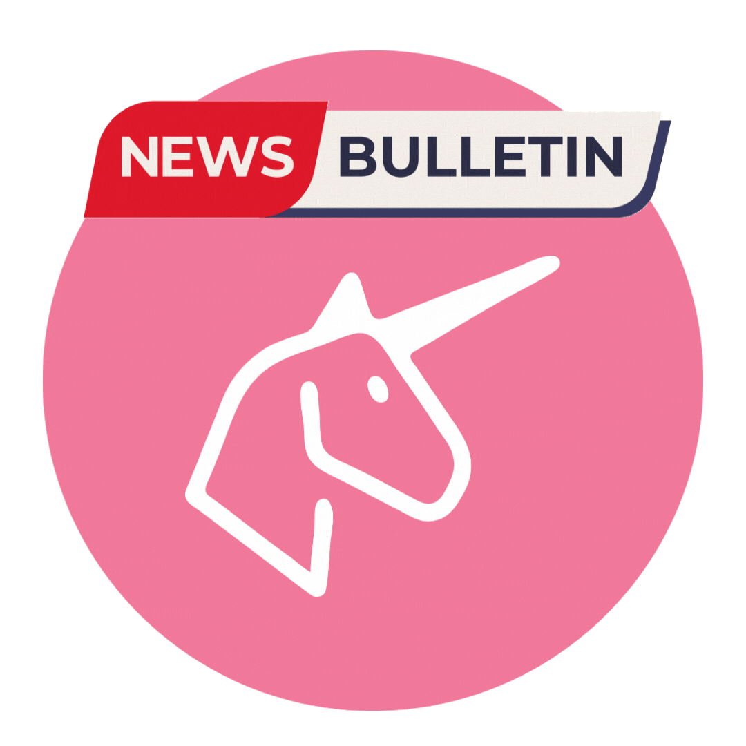 Logo de Maricorners ─unicornio vectorial en blanco sobre fondo rosa circular─ con la etiqueta News Bulletin encima