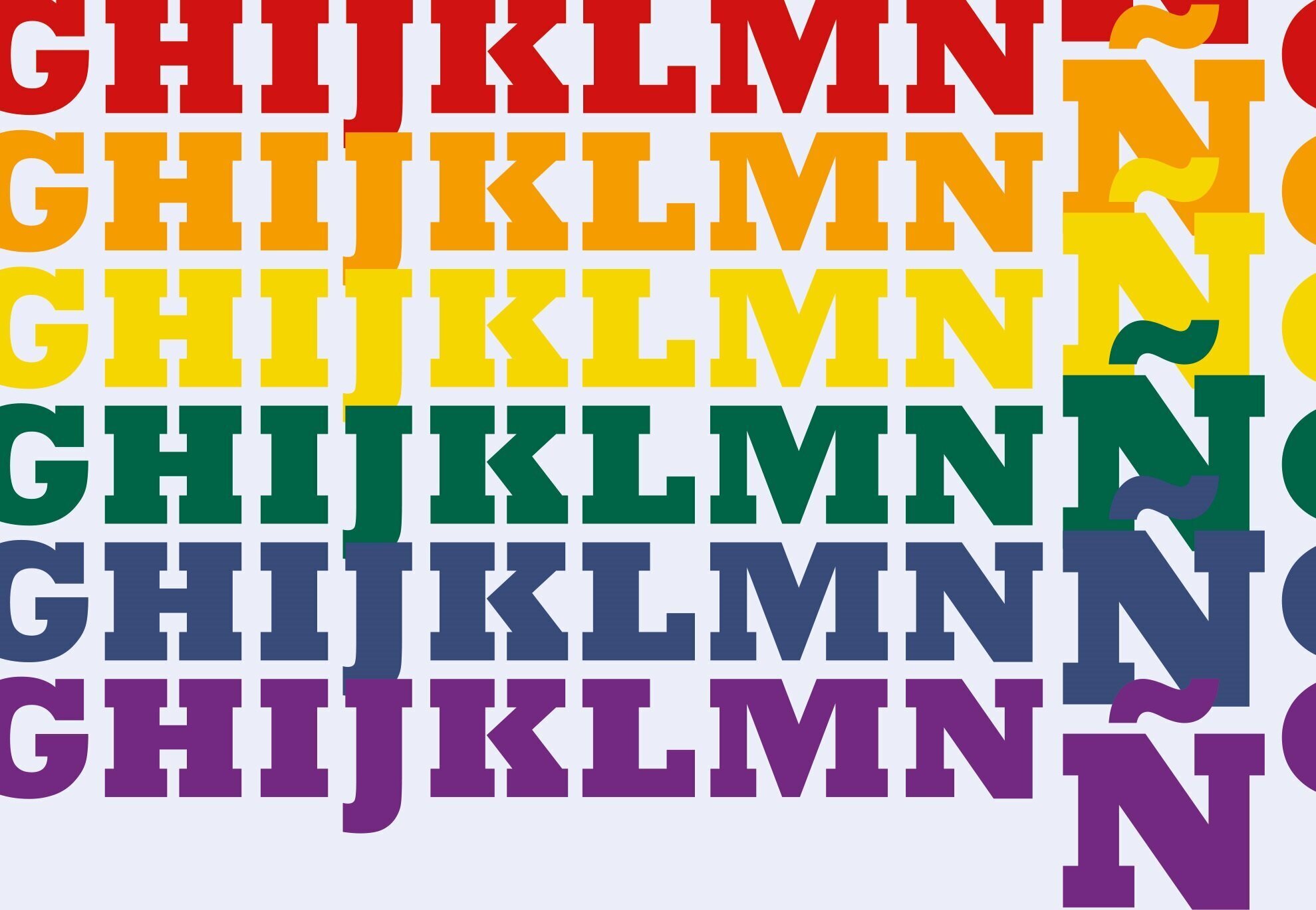 Recorte de la portada del libro publicado en el que se ven las letras G, H, I, J, K, L, M, N y &Ntilde; repetidas en seis filas y emulando la bandera LGTB, con la letra &Ntilde; en mayor tama&ntilde;o que las dem&aacute;s.