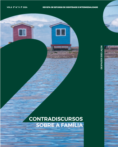 Portada de la revista: resaltados sobre fondo verde aparecen un dos y una i minúsciula dentro de las cuales se adivinan dos casas de playa junto al mar. Texto: "Vol. 6, Nº9, 2026. Revista de estudos de identidade e intermedialidade. Contradiscursos sobre a família"