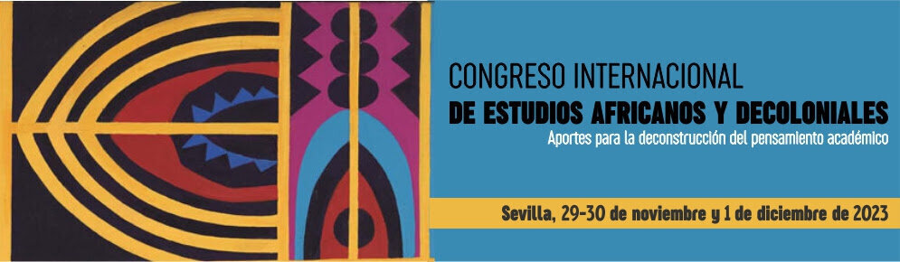 Cartel del congreso, con dibujos abstractos sobre fondo negro y texto "Congreso Internacional de Estudios Africanos y Decoloniales. APortes para la deconstrucción del pensamiento académico. Sevilla, 29-30 de noviembre y 1 de diciembre de 2023"