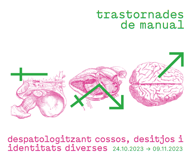 Cartel informativo ilustrado con el s&iacute;mbolo femeninosobre unos genitales, los s&iacute;mbolos masculino y femenino sobre un coraz&oacute;n y un s&iacute;mbolo masculino sobre un cerebro. Texto en valenciano: trastornades de manual. despatologizant cossos, desitjos y identitats diverses. 24.10.2023 &rarr; 09.11.2023
