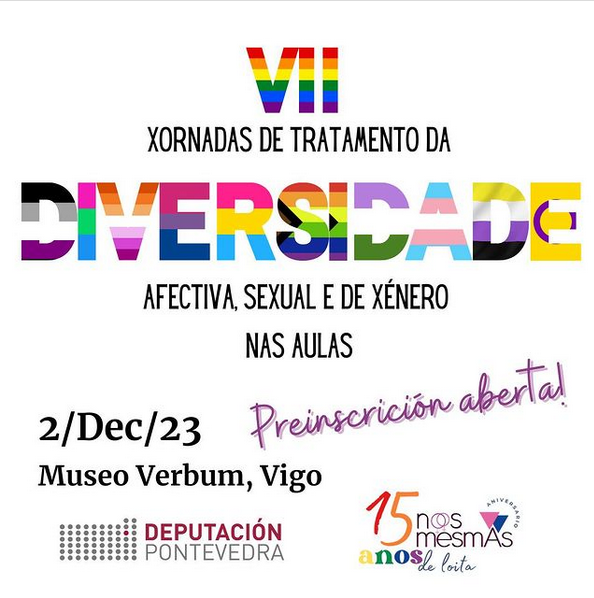 Cartel de las jornadas. Texto: VII Xornadas de tratamento da diversidades afectiva, sexual e de x&eacute;nero nas aulas. 2 de decembro 2023. Museo Verbum, Vigo.