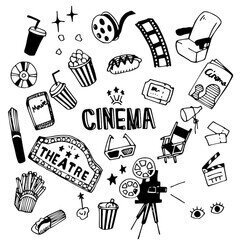 Dibujo de varios elementos vinculados con el cine: refrescos, palommitas, pel&iacute;culas, fotogramas, claquetas, asientos, carteles, c&aacute;maras, gafas 3D, sillas, revistas... y la palabra CINEMA en el centro.