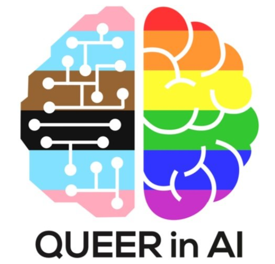 Ilustraci&oacute;n de un cerebro con los colores de la bandera LGBT y que, en uno de sus hemisferios, tiene conexiones similares a un chip. Aparece con el t&iacute;tulo Queer in AI