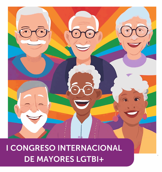 Ilustraci&oacute;n de seis personas mayores con distinto aspecto f&iacute;sico, cabello blanco y sonrisa amplia sobre un fondo con los colores de la bandera LGBT y la leyenda, en una cita mirada al pie: "I Congreso Internacional de Mayores LGTBI+".