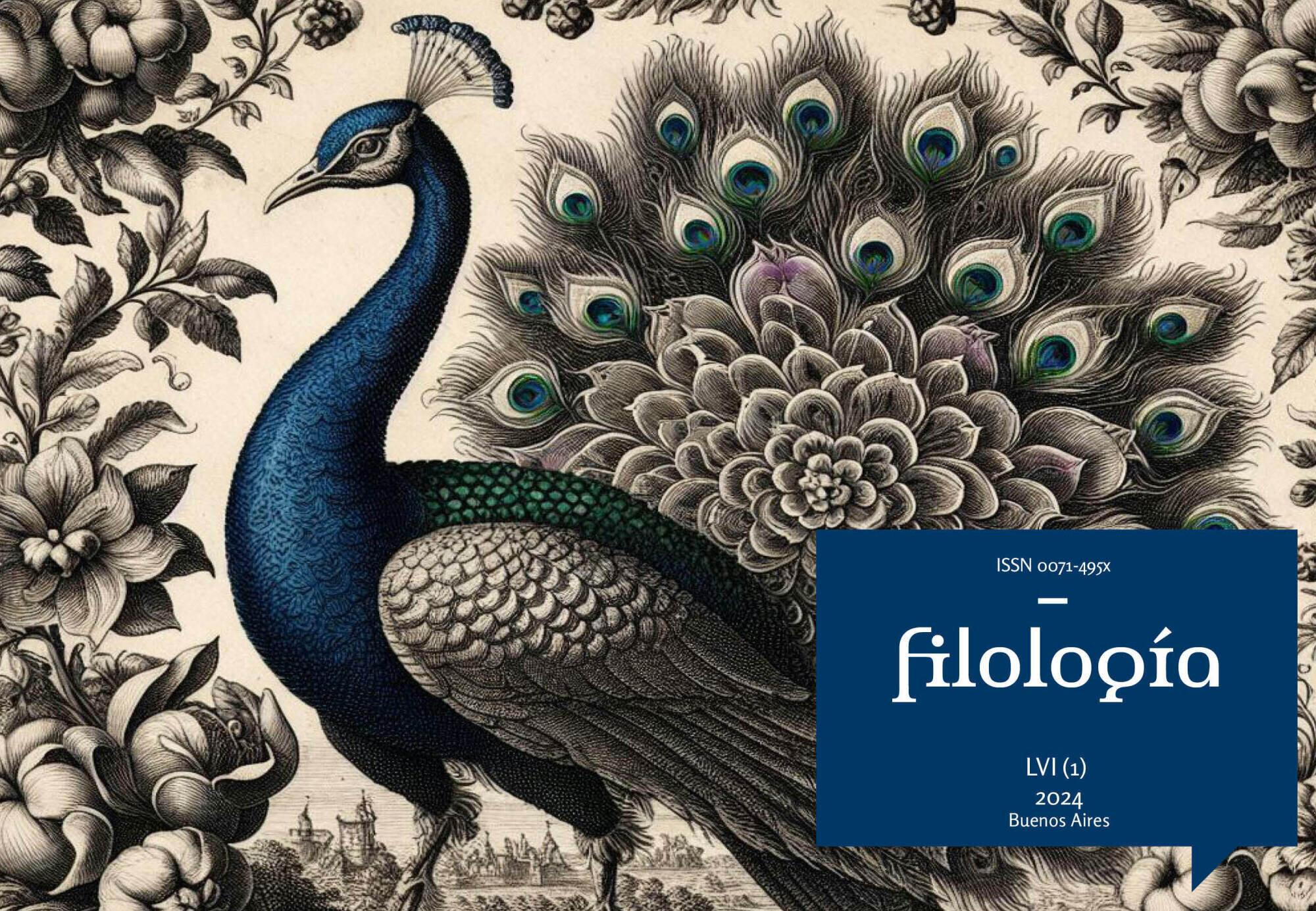 Imagen de la cubierta del n&uacute;mero 56 de la revista Filolog&iacute;a. Representa un pavo real a color, sobre un fondo que representa la ilustraci&oacute;n de un territorio ocupado y enmarcado por distintas flores en blanco y negro. 