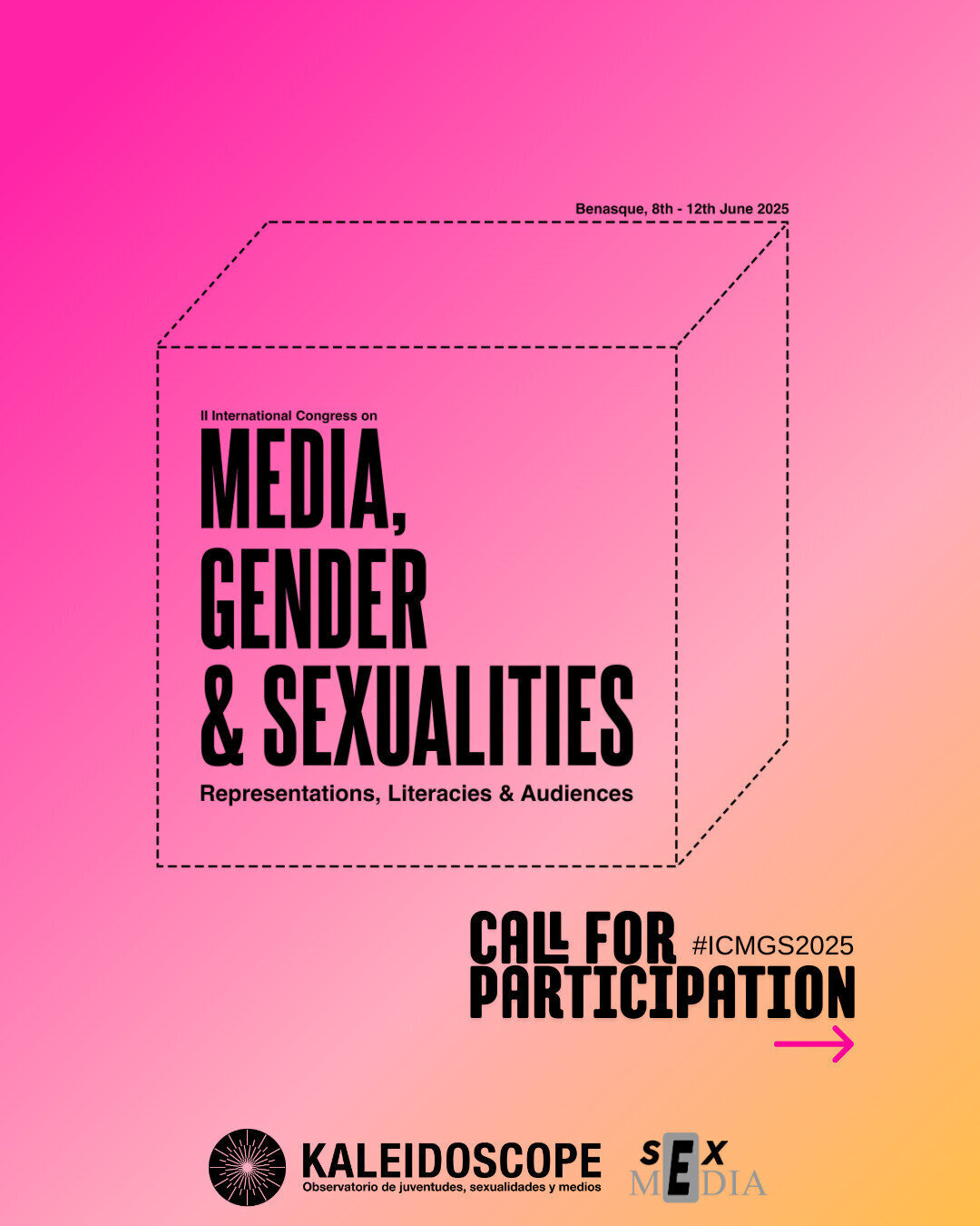 Cartel del II Congreso Internacional Medios, G&eacute;nero y Sexualidades: Representaciones, Alfabetizaciones y Audiencias. Abierto el plazo dee env&iacute;o de propuestas. Patrocinan Kaleidoscope, Observatorio de juventudes, sexualidades y medios, y Sex Media.