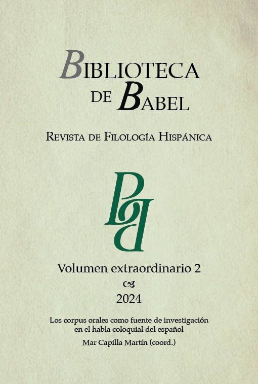 Cubierta de la revista Biblioteca de Babel. Revista de Filología Hispánica. El logo son dos B entrelazadas. Volumeen extraordinario 2, 2024. Los corpus orales como fuente de investigación en el habla coloquial del español. Coodinado por Mar Capilla Martín.