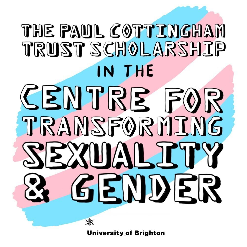 Cartel de la bandera trans sobre fondo blanco con un texto superpuesto. En inglés: The Paul Cottingham Trust Scholarship in the Centre for Transforming Sexuality and Gender, University of Brighton.