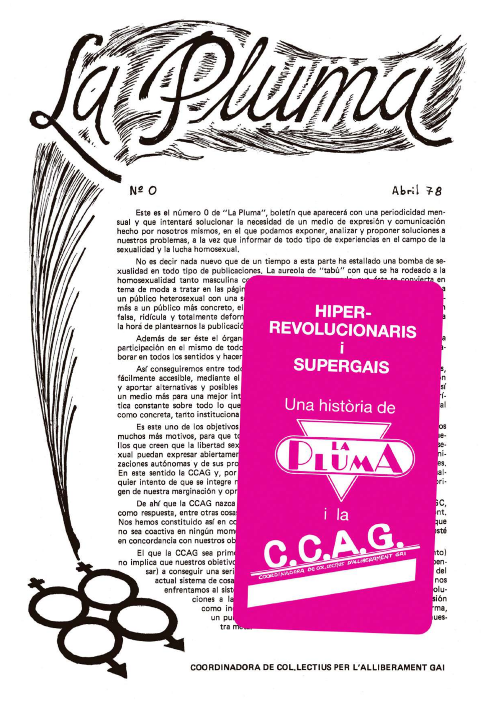 Cubierta dle libro Hiperrevolucionaris i supergais. Una història de La Pluma i la CCAG, ilustrada con un fragmento del Nº 0 de la revista La Pluma.