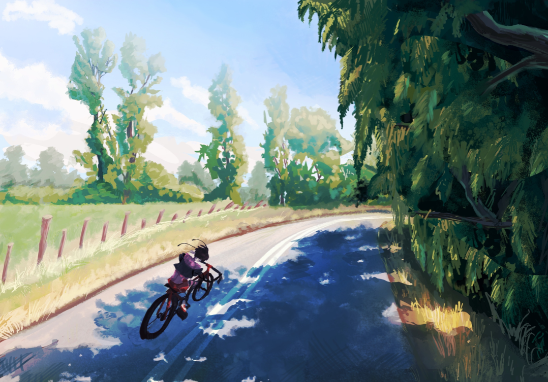 Ilustración de un personaje en bicicleta pasando una curva entre campo y sauces por una carretera asfaltada. El personaje parece tener antenas de insecto.