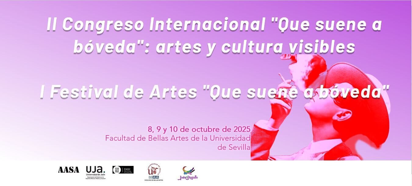 Cabecera de la web. II Congreso Internacional "Que suene a bóveda": artes y cultura visibles. I Festival de Artes "Que suena a bóveda". 8, 9 y 10 de octubre de 2025. Facultad de Bellas Artes de la Universidad de Sevilla. Se ilustra con una fotografía de Miguel de Molina fumando.