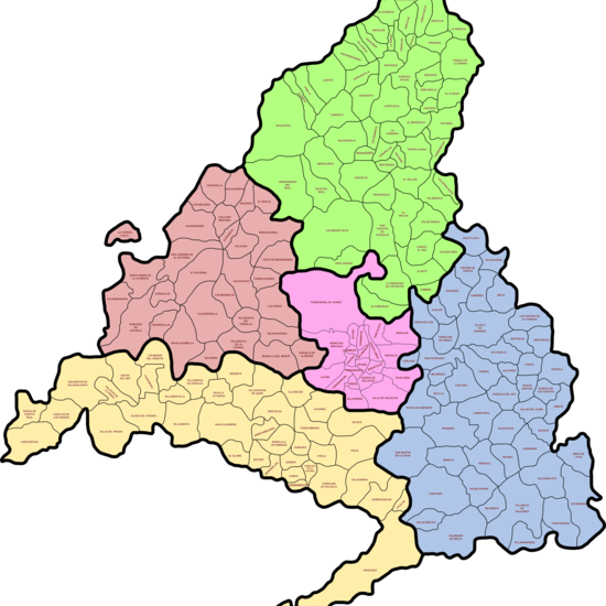 Plano de la Comunidad de Madrid dividido en cinco sectores: norte, este, sur, oeste y centro