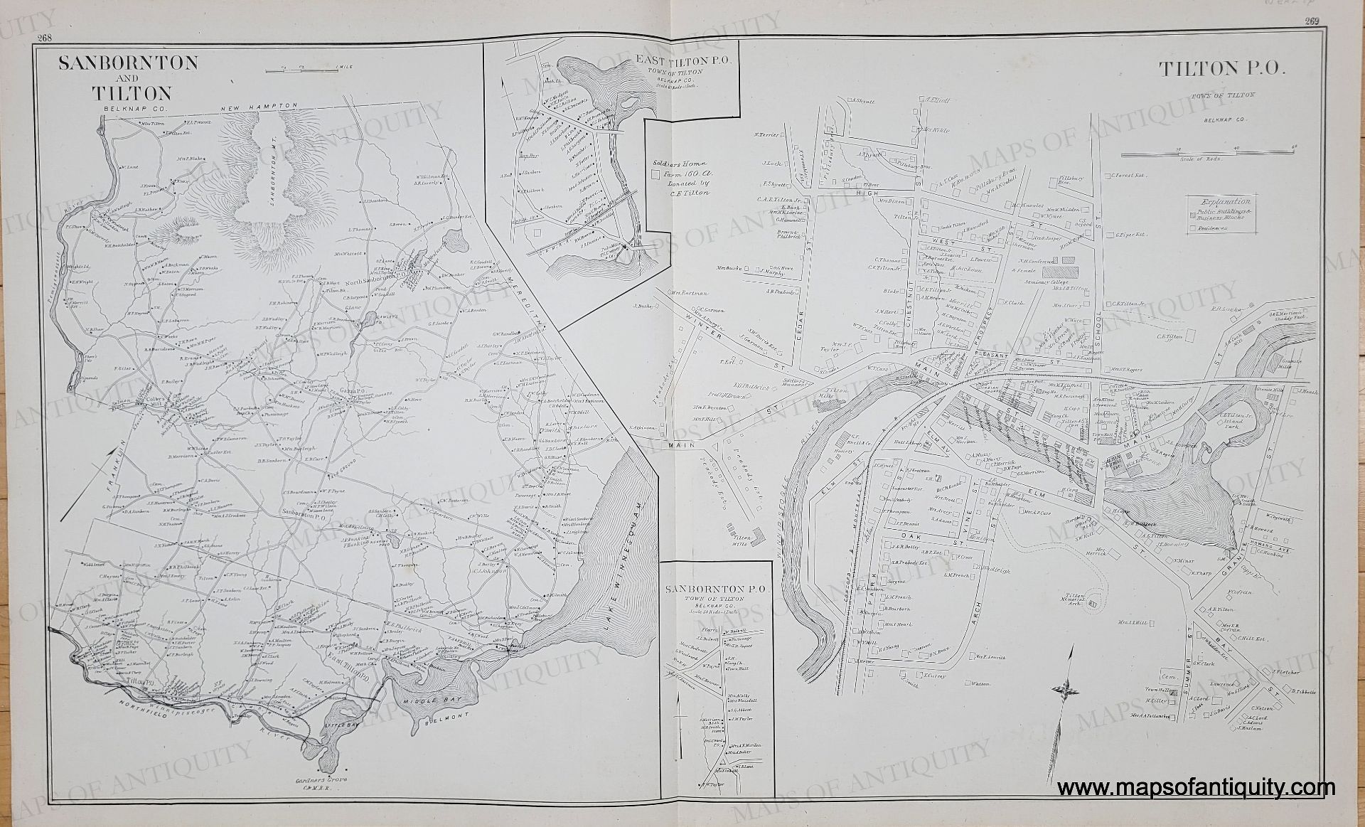 1892 - Sanbornton and Tilton, Tilton P.O. (NH) - Antique Map