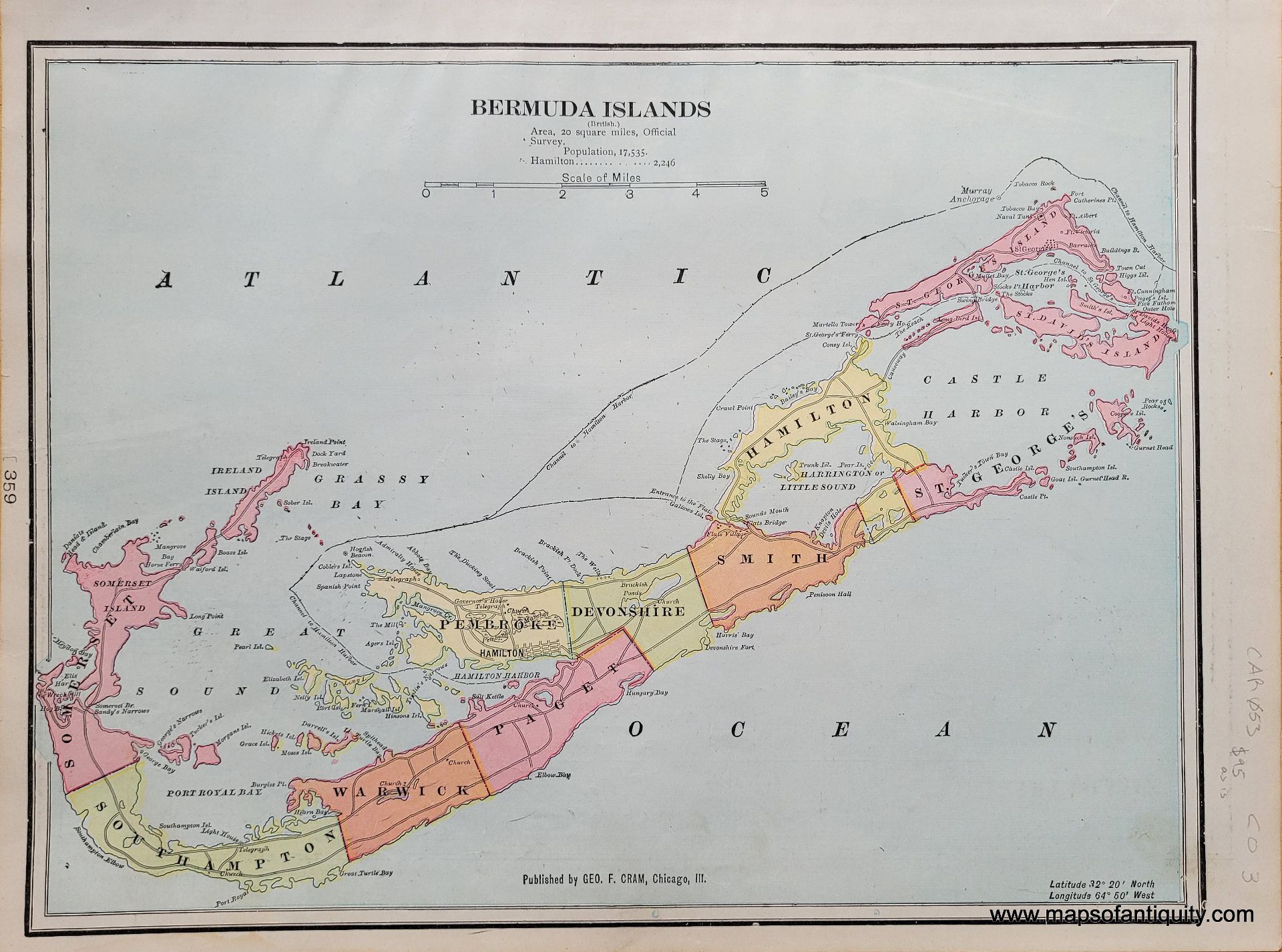 1903 - Bermuda Islands, verso: South America - Antique Map