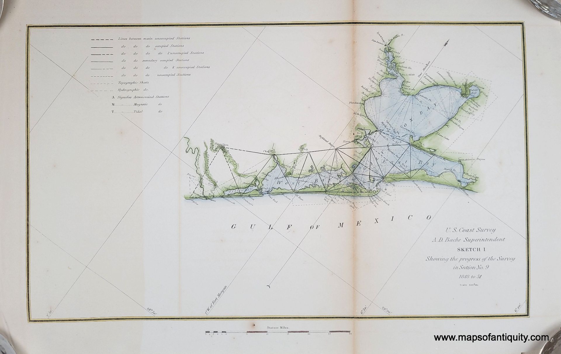 1851 - Sketch I Showing the Progress in Section No. 9 (Galveston Bay, Texas, and vicinity) - Antique Chart