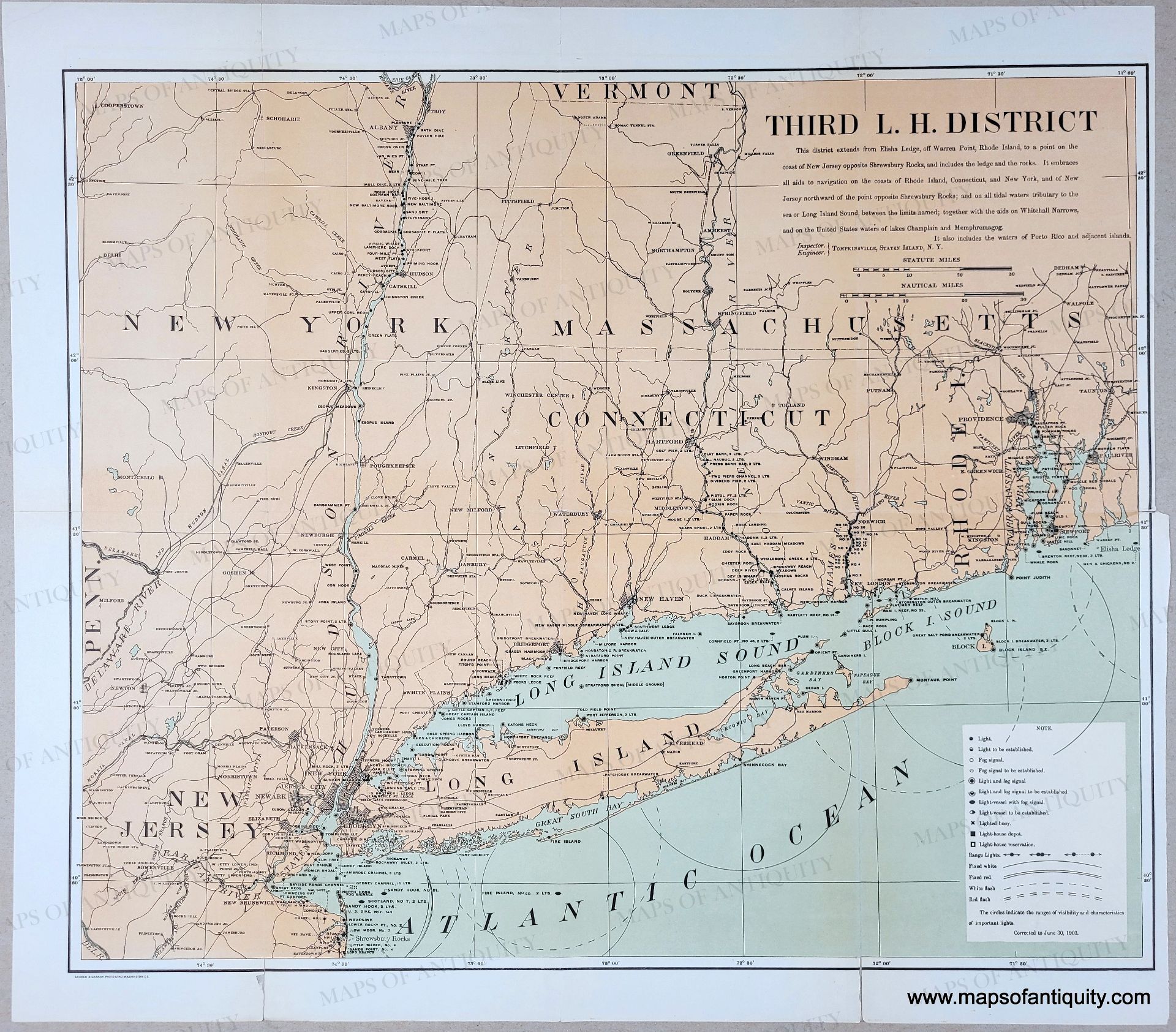 1898 - Third L.H. District (Lighthouses of Long Island and Vicinity) - Antique Chart