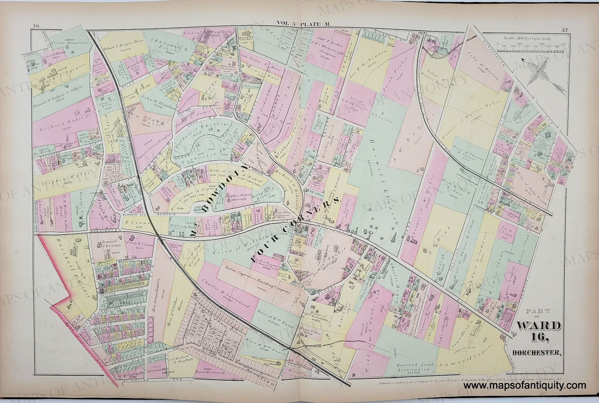 1874 - Part of Ward 16. Dorchester. Plate M - Genuine Antique Map