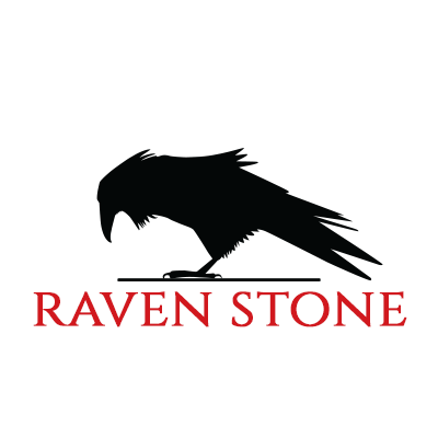 a black silhouette of a raven above the words Raven Stone