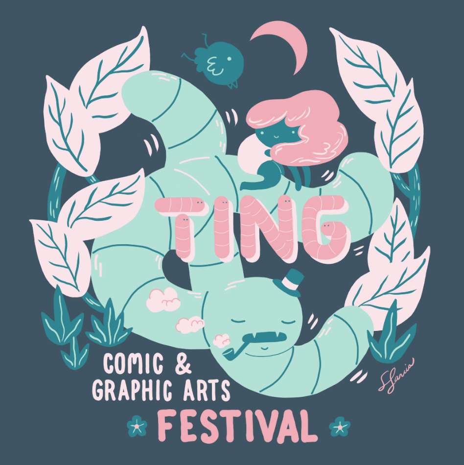 A poster for Tingfest showing a cute worm wearing a top hat and smoking a pipe