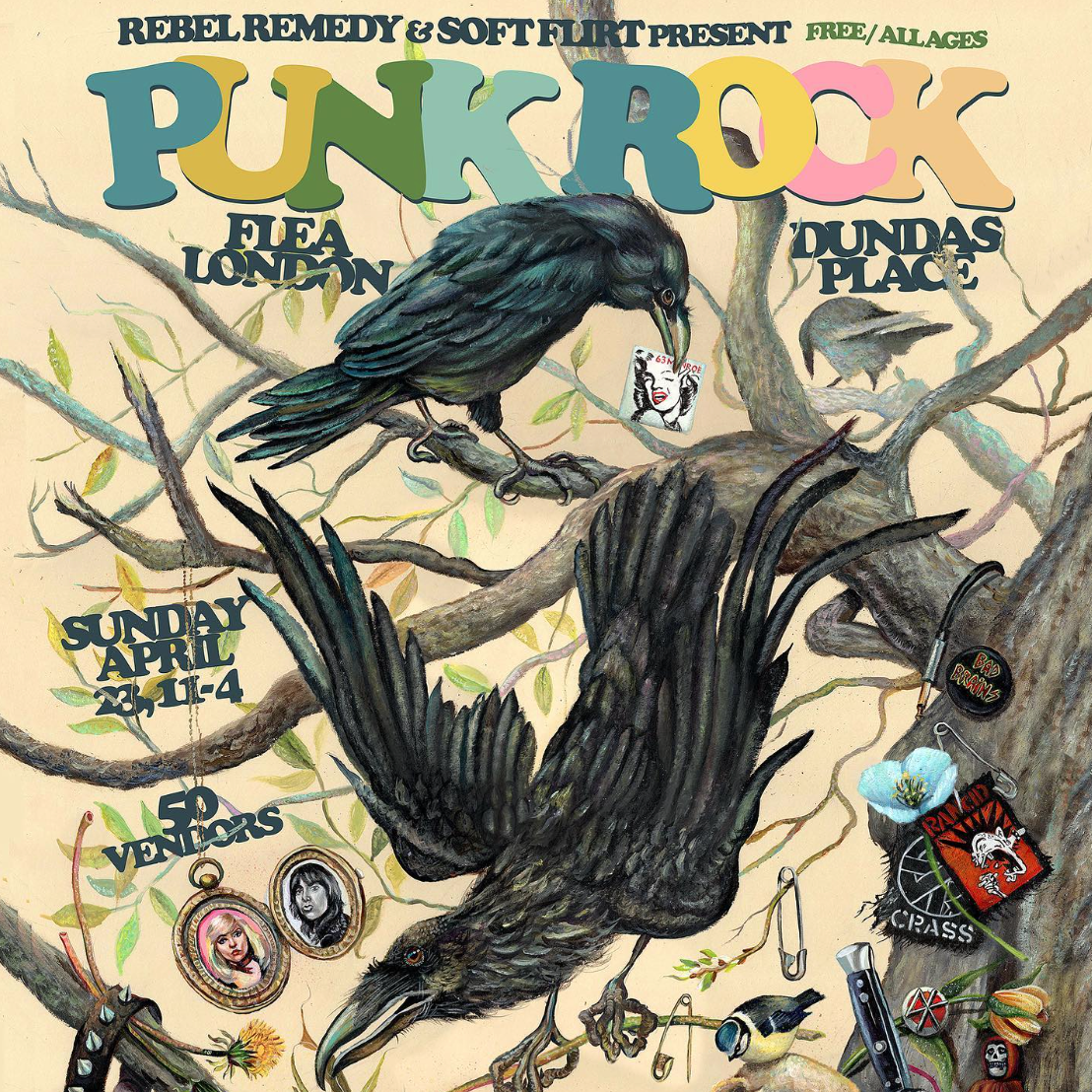 A poster for Punk Rock Flea Market by artist Jeremy Bruneel, which shows two ravens in a tree with various punk wares 