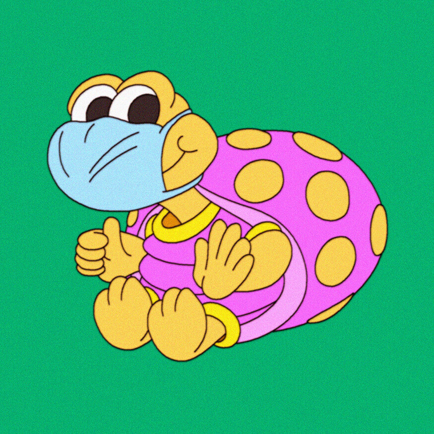 An illustration of a turtle wearing a mask by artist Dana Kearley