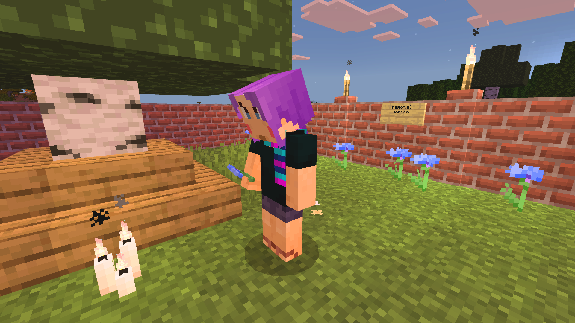 A Minecraft island with colourful buildings and towers