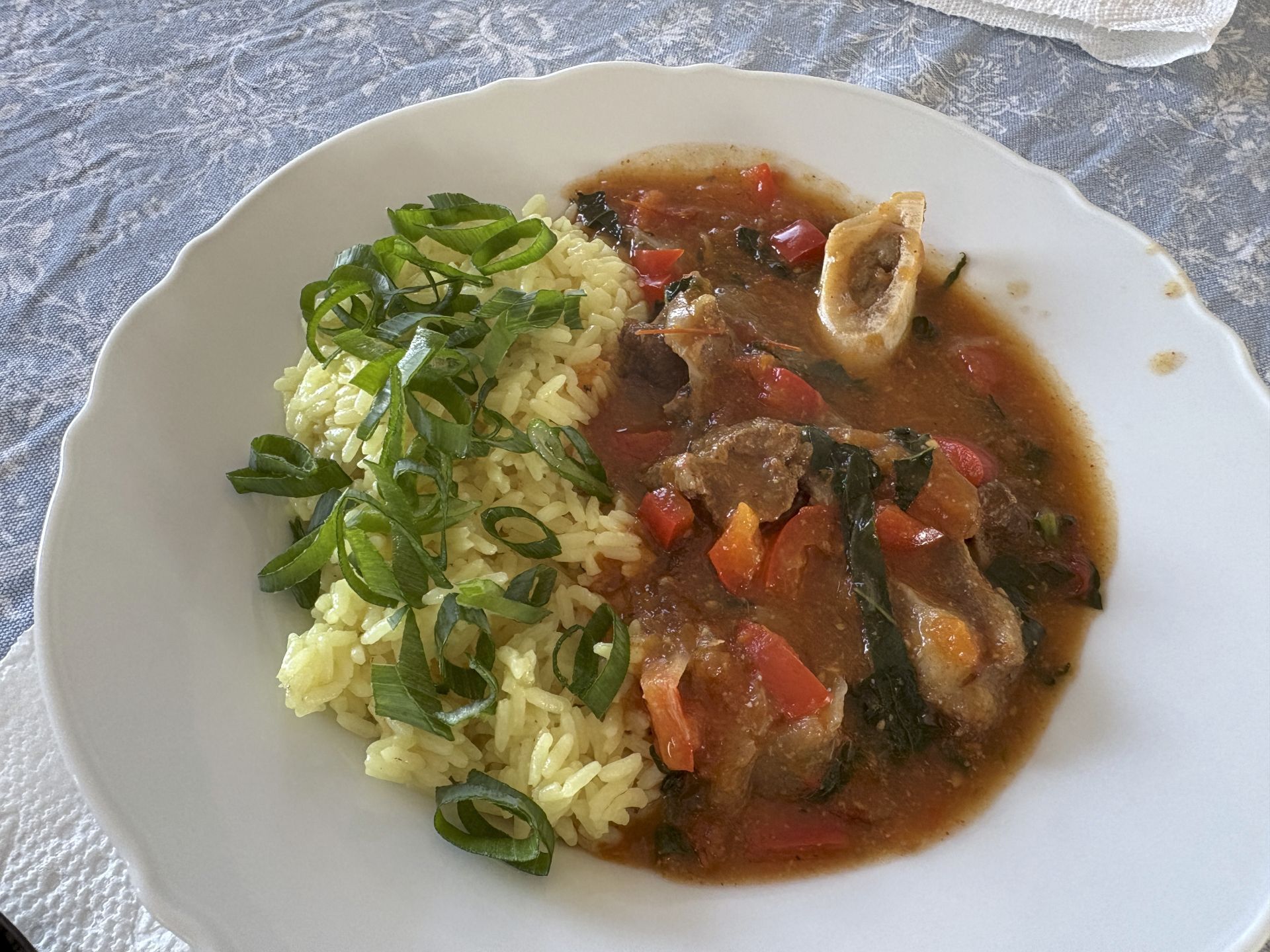 Goat stew next to rice with green onions