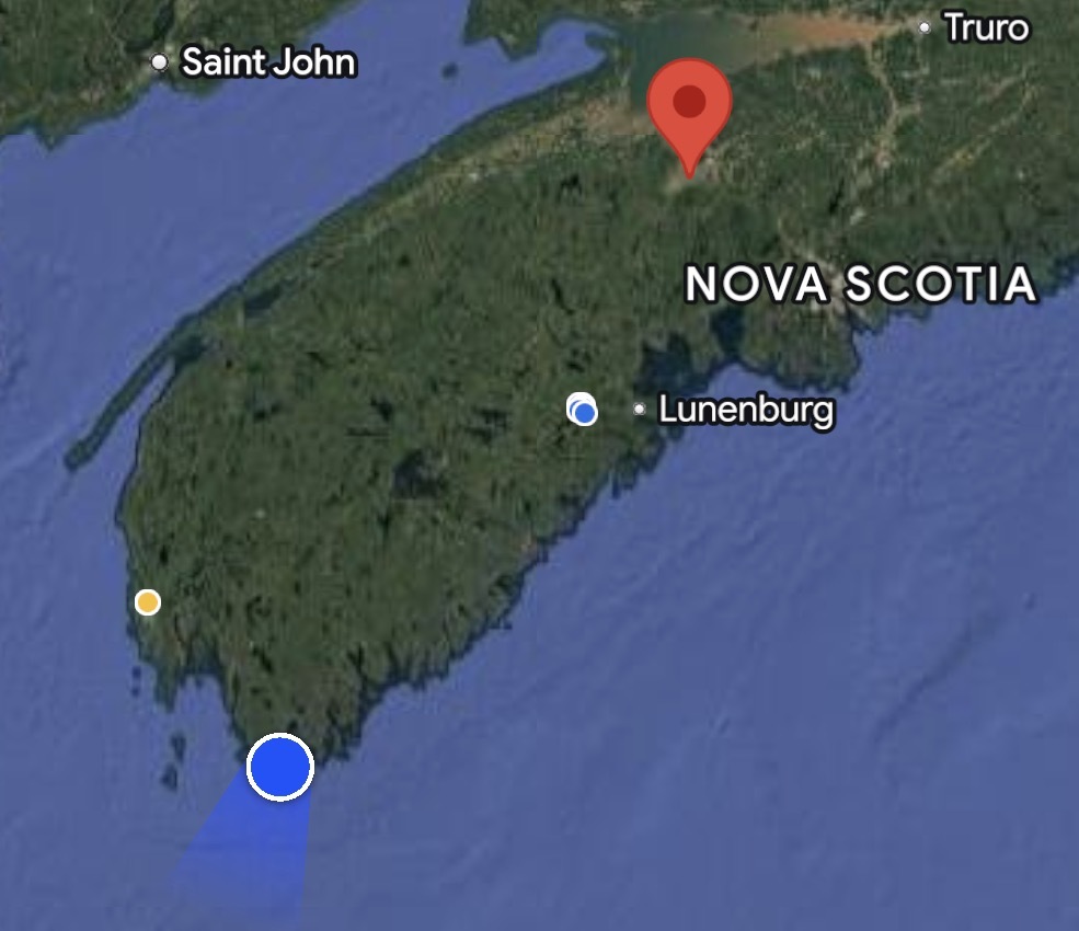 Map of Nova Scotia with a blue dot showing where we are in the southern tip and the red Pin showing the butcher shop location up in Windsor, NorthWest of Halifax.